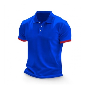Polo homme bleu roi à manches courtes, personnalisé, décontracté, pour le golf, en mélange de coton, avec poignets côtelés rouges contrastants, respirant, haut d'été - Product Image 1