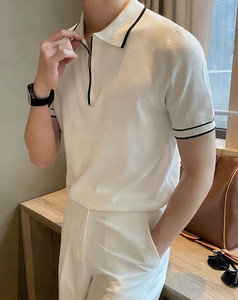 Men's Short Sleeve Solid Color Knitted Polyester/Cotton for Shirt Breathable Casual Regular Fit 180g White Black Trim Collar - Product Image 4
