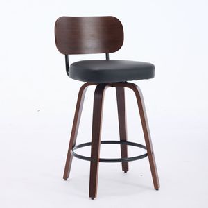 Set di 2 Sgabelli da Bar Girevoli da 66 cm, Schienale in Noce, Gambe in Legno Curvato, Stile Mid-Century, Rivestiti in Ecopelle, Altezza Bancone - Product Image 3