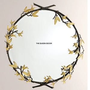 Miroir mural élégant pour la maison et l'hôtel, nouveau design, en aluminium, forme ronde, aspect feuille de fleur, finition noir et or - Product Image 1