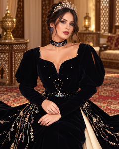 Mishkat Couture Elegant <b>Black</b> Velvet MAXI Long Sleeve Algerian Badroun Intricate Hand Embroidery for Muslim Women Arab Girls - Product Image 2