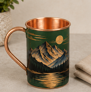 <b>Copper</b> <b>Mug</b> With Mountain Landscape Design Handle Eco-Friendly Outdoor Drinkware Retro Style Green And Gold Finish Artisanal - Product Image 1