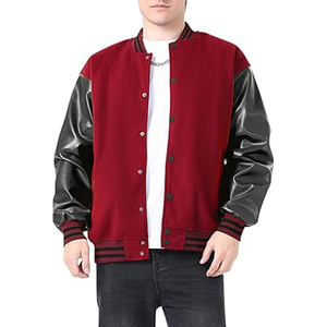 Veste universitaire rouge pour homme avec manches en cuir PU noir, coupe classique, vêtement décontracté d'automne, col rabattu, fermeture à boutons - Product Image 5
