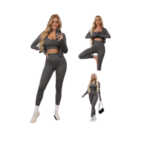 Women 3 Piece Seamless <b>Workout</b> Set Sports Bra High Waisted Gym Yoga Leggings Zip Up <b>Jacket</b> with Thumbhole Activewear - Product Image 2