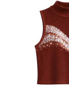 Débardeur côtelé personnalisé pour femme, marron rouille, col montant, avec motif vague en strass, sans manches, été, fabrication sur mesure - Product Image 2