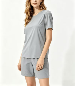 Women 2-Piece Shorts <b>Set</b> Solid Gray <b>Knitted</b> T-Shirt Knee Shorts Casual Summer Outfit Quick Dry Breathable Eco-Friendly - Product Image 2