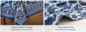 Mantel de Algodón Impermeable con Estampado Floral Azul, Hecho a Mano con Técnica de Bloqueo, para Hogar, Hoteles, Estilo Rústico Boho Indio, con Borde Decorativo - Product Image 4