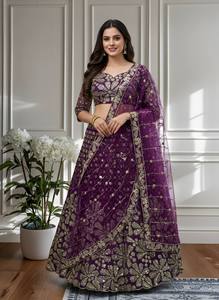 Blue Embroidered A-Line Floor-Length <b>Lehenga</b> Choli Wedding Engagement Outfit Floral Beaded Modern Dress Set for Women Party - Product Image 5