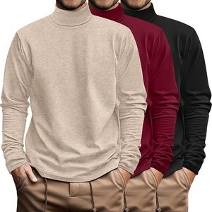 <b>Men's</b> Knitted <b>Long</b> <b>Sleeve</b> Turtleneck T-<b>Shirt</b> Solid Color Casual Regular Fit Front Logo 100% Cotton Comfortable 320g Beige <b>Red</b> - Product Image 1