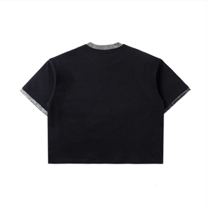Men's Oversized Crop T-<b>Shirt</b> Short Sleeve O-Neck Knitted Solid Color Contrast Trim Casual Style - Product Image 2