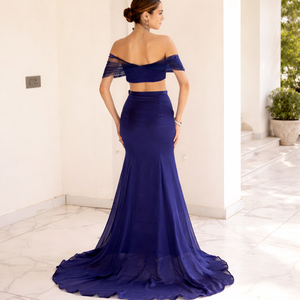 Royal Blue Shoulder Corset Gown Straight Silhouette | Backless Designer <b>Sequin</b> Embroidered Crop <b>Top</b> Organza Fishtail Skirt - Product Image 3