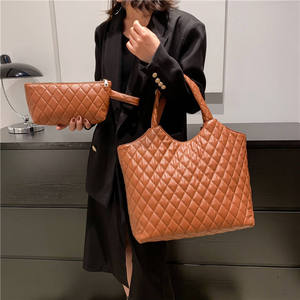 Women's Genuine Leather Quilted Diamond Lattice Tote Bag Open <b>Top</b> Closure Large Capacity Shoulder Strap Handbag for Business - Product Image 4