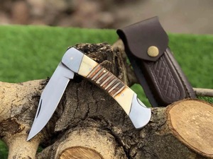 Cuchillo plegable Drop Point con hoja de acero inoxidable, mango de marfil, perilla para el pulgar, cuchillo de camping, 6.5 pulgadas de longitud total - Product Image 1