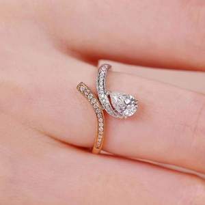 10K/14K Solid Gold Two Tone Bypass Engagement Wedding Ring Pear Lab Grown Diamond Milgrain Pave Band Anniversary <b>Gift</b> for Her - Product Image 3