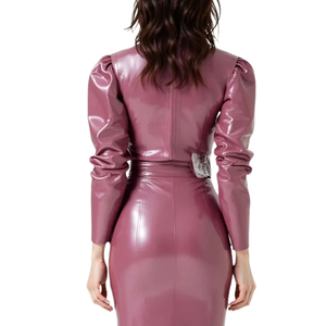<b>Pink</b> PU Leather Midi Dress High Neck Puff Sleeve Belted Bodycon Fitted Party Wear Solid Color Autumn Style - Product Image 6