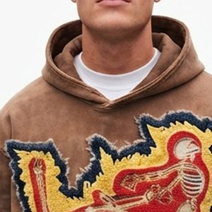 Sweat-shirt à capuche surdimensionné pour homme, le plus demandé, avec imprimé floqué squelette, en molleton de coton marron, style streetwear, pour l'automne - Product Image 5