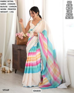 Sari Chinon para Mujer Ishani, Estampado a Rayas, Corte Regular, Largo Regular, Estilo Tradicional, Absorbe la Humedad, Sin Arrugas, para Bodas - Product Image 1