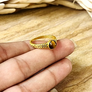 New Arrival Boho <b>Tiger</b> <b>Eye</b> <b>Ring</b> Dainty Brass Jewelry Women 18k Gold Plated Filigree Band Minimalist Statement Wholesale/OEM/ODM - Product Image 2