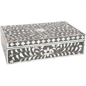 Handmade Black Bone Inlay Floral Vine Jewelry Box Rectangular Wooden Keepsake <b>Chest</b> Luxury Mother of Pearl Style <b>Storage</b> Case - Product Image 2