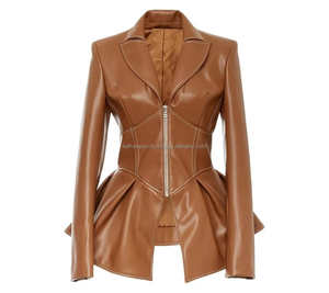 Marron Peplum Style cuir femmes vestes fermeture à glissière revers col à manches longues taille haute tunique manteau élégant Slim Fit Design - Product Image 1