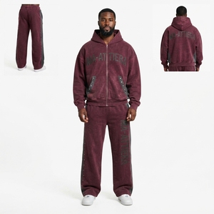 Conjunto de Chándal de Dos Piezas de Algodón 100% Liso: Sudadera con Capucha Oversize con Cremallera y Pantalones de Chándal de Pierna Ancha, con Acabado Lavado Personalizado - Product Image 1