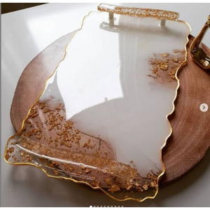 Luxury <b>Epoxy</b> Resin Serving Tray With Gold Metal Handles Custom Irregular Agate Geode Platter Decorative Dessert <b>Coffee</b> Serving - Product Image 4