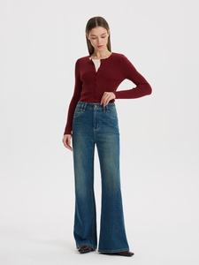 Jean évasé taille haute en denim délavé pour femme, longueur intégrale, en coton, décontracté, pour l'automne - Product Image 1