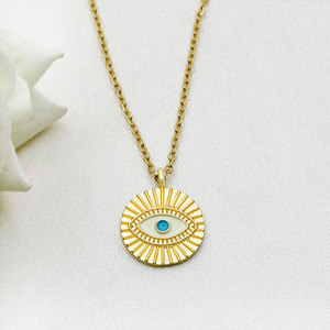 Collier Pendentif Œil Turc Soleil Plaqué Or en Argent Sterling 925 avec Émail Blanc et Chaîne Câble, Bijoux en Gros - Product Image 1