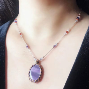 Handcrafted Macrame Amethyst Necklace Purple Stone Pendant <b>Beaded</b> Pink Cord Adjustable Boho Crystal Jewelry Gift for Women - Product Image 1