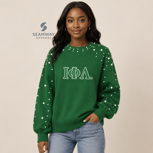 Sweat-shirt décontracté en molleton de coton pour femme Iota Phi Lambda, orné de perles, col rond, avec lettres grecques brodées, pour sororité - Product Image 5