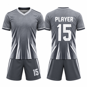Tenue de football personnalisée, gris géométrique, sublimation, évacuation de l'humidité, 100% polyester, manches courtes, coupe régulière pour homme adulte - Product Image 1