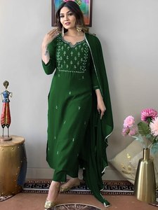 Indian Traditional Rayon <b>Black</b> Embroidered Indian Pakistani Set Long Tunic Palazzo <b>Pants</b> Shawl <b>Women</b> Formal Casual Wear Outfit - Product Image 5