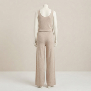 Ensemble de détente Reddito pour femme, grande taille, 100 % coton satiné tricoté, sans manches, col en V, couleur unie, taille élastique, coupe régulière, longueur complète - Product Image 2