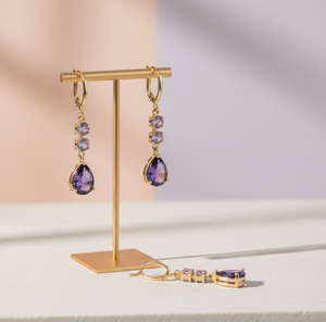 ต่างหูห้อยทรงลูกแพร์พลอยอเมทิสต์สีน้ำเงินทำมือ ราคาขายส่ง ขนาด 5 มม. ทรงกลม ชุบทอง 18K เงินสเตอร์ลิง เครื่องประดับเจ้าสาว - Product Image 5