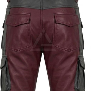 Pantalon cargo en cuir pour homme avec poches latérales utilitaires, poches avant, coupe droite et revers aux chevilles pour un style streetwear décontracté - Product Image 5