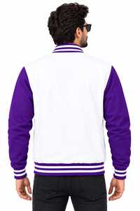 Chaqueta Varsity de Otoño para Hombre, Color Blanco y Morado, con Botones Frontales, Forro de Satén, Cuello Alto, Estilo Béisbol - Product Image 3