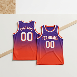 Camiseta de Baloncesto Sublimada Personalizada, Degradado Morado y Naranja, Sin Mangas, Unisex, para Adultos, Transpirable, de Malla, con Nombre del Equipo - Product Image 2