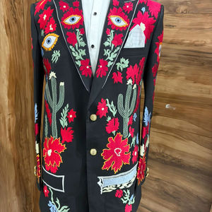 Blazer noir brodé de fleurs pour homme avec motif œil artistique – Veste de costume de créateur pour fêtes et mariages - Product Image 1