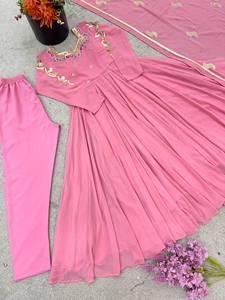 Vestido Anarkali Rosa para Mujer con Kurta Bordada y Dupatta, Conjunto de Vestido Étnico Indio para Fiestas - Product Image 5