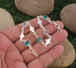 SHREE JAIPUR <b>SILVER</b> Wholesale Gold Plated 925 Sterling <b>Silver</b> Luxury Multi Gemstone Station Link <b>Beaded</b> Bracelet Clover Flower - Product Image 2