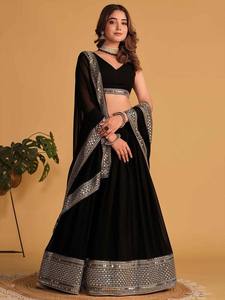 Black Embroidered Lehenga Choli Set With Dupatta Traditional Indian Pakistani Women Wedding Outfit Floor-Length Polyester <b>Dress</b> - Product Image 1