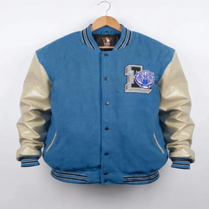 Chaqueta Varsity Bordada para Hombre, Chaqueta Varsity de Cuero Azul con Letras Bordadas |   Inspirado en celebridades - Product Image 1