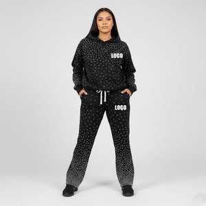 Custom OEM Women Rhinestone Tracksuit Heavyweight Fleece Hoodie and Flare Sweatpants Set Sparkly Crystal Bling Sweatsuit - Product Image 1