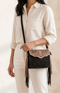 Western Fashion Genuine Leather Fringe Single Strap Adjustable Travel <b>Shoulder</b> <b>Bag</b> Crossbody Purse <b>Nylon</b> Lining Zipper Closure - Product Image 5