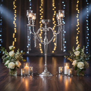 Factory Offer Wedding Party Decor Pillar <b>Candelabra</b> Aluminum Silver Finishing 5 Arms Clear Glass T Light Candle Holder Stand - Product Image 2