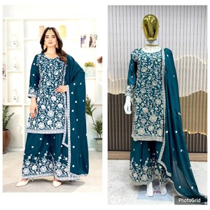 <b>Presenting</b> New Collection Modern Party Heavy Embroidery Chinnon Silk Top Bottom and Dupatta Set - Product Image 2