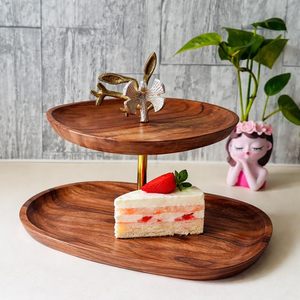 2 Tier Wooden Serving Tray Handcrafted Solid Acacia Wood Snack Serving <b>Stand</b> with Dragonfly Decor for Tea Coffee Snacks Desserts - Product Image 2
