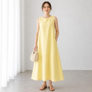 Women Boho Yellow Plain Linen Maxi <b>Dress</b> With O-neck Sleeveless <b>Loose</b> Fit A-Line Casual Summer Wear - Product Image 1