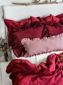 Funda de Almohada de Lino a Cuadros Rojos con Volantes, Funda de Almohada Lumbar con Volantes, Funda de Cojín Decorativa a Cuadros Rojos con Borde con Volantes - Product Image 4