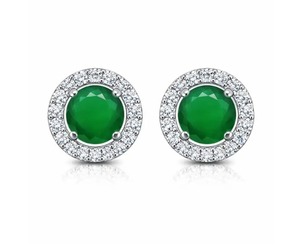 Green Onyx <b>Stud</b> <b>Earrings</b> 6mm CZ Halo <b>Sterling</b> <b>Silver</b> Rhodium Plated Prong <b>Set</b> Romantic Women's Wedding Engagement Anniversary - Product Image 1